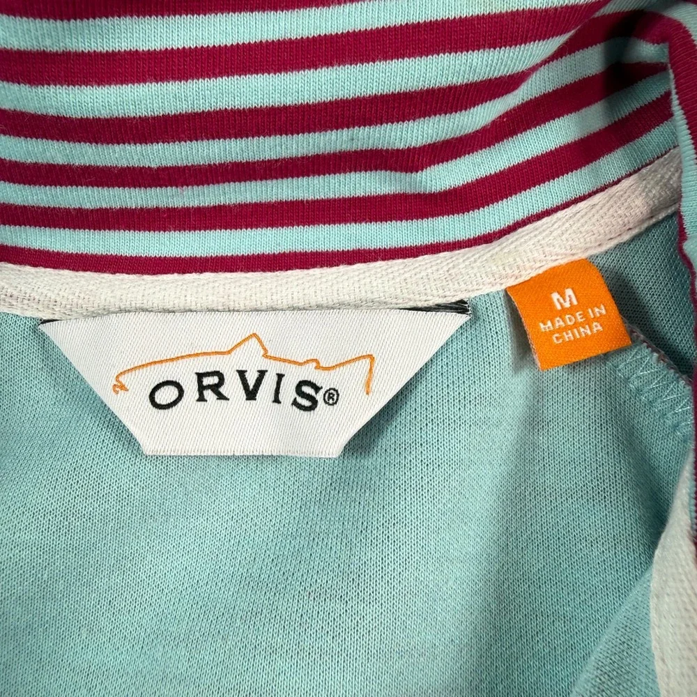 Orvis Womens Full Zip Vest Pink Striped Mock Neck Pockets Activewear Size M